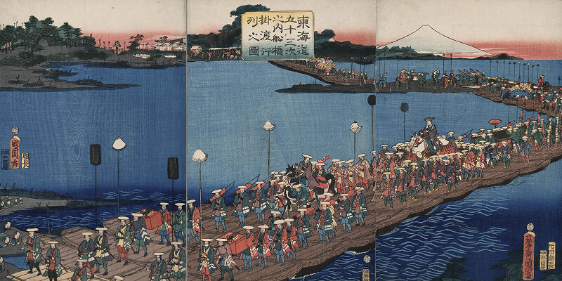 出典：豊原国周作「東海道五十三次之内船橋掛渡行列之図」