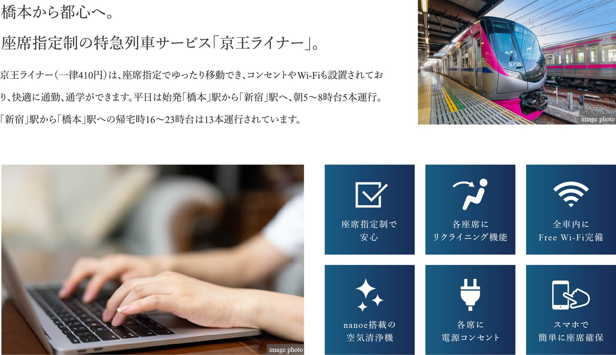 橋本から都心へ。京王ライナー（一律410円）は、座席指定でゆったり移動でき、コンセントやWi-Fiも設置されており、快適に通勤、通学ができます。平日は始発「橋本」駅から新宿駅へ、朝5～8時台5本運行。「新宿」駅から「橋本」駅への帰宅時16～23時台は13本運行されています。・座席指定制で安心 ・各座席にリクライニング機能 ・全車内にFree Wi-Fi完備 ・nanoe搭載の空気清浄機 ・各席に電源コンセント ・スマホで簡単に座席確保