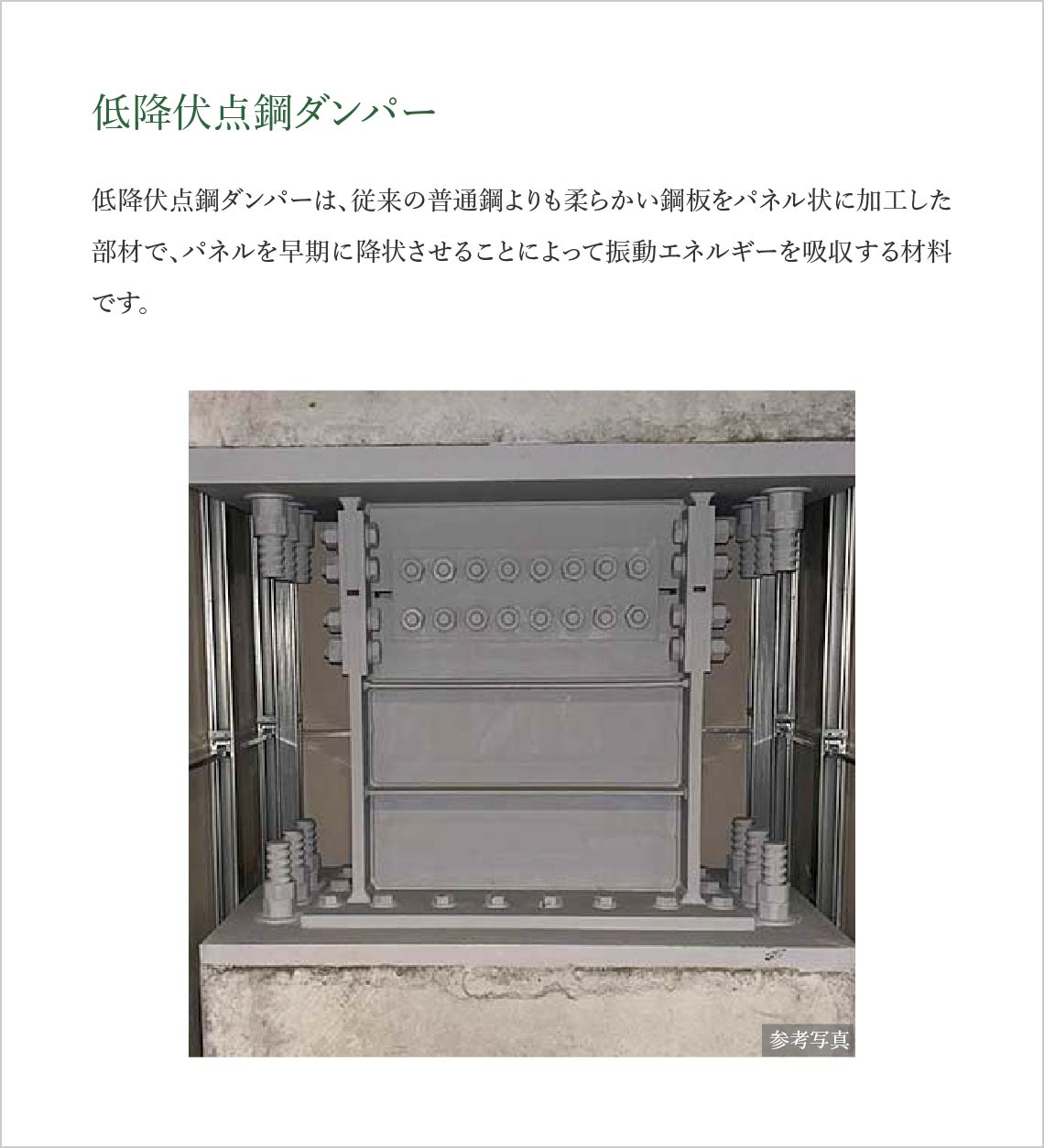 低降伏点鋼ダンパー 低降伏点鋼ダンパーは、従来の普通鋼よりも柔らかい鋼板をパネル状に加工した部材で、パネルを早期に降状させることによって振動エネルギーを吸収する材料です。