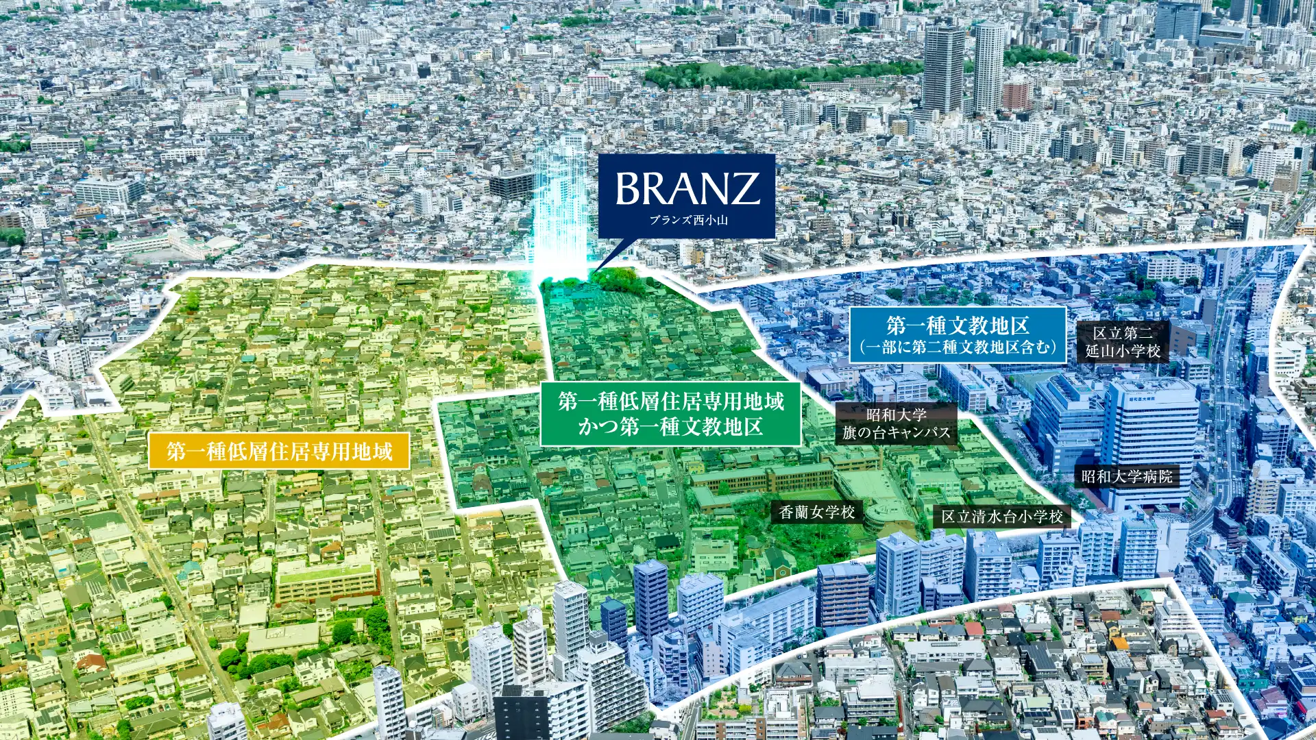 本物件が第一種低層住居専用地域かつ第一種文教地区であることを表した空撮CG