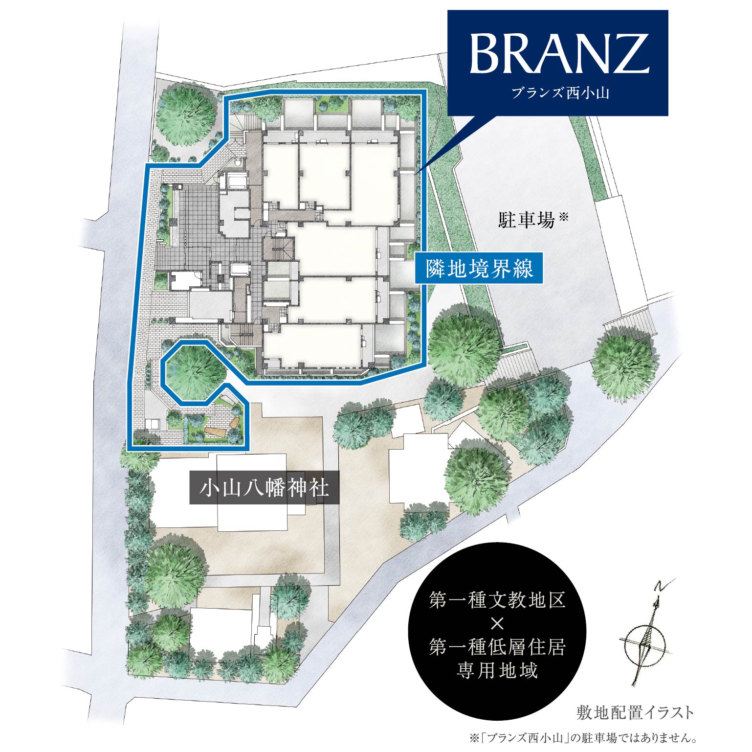 隣地境界線を記載した敷地配置イラスト
