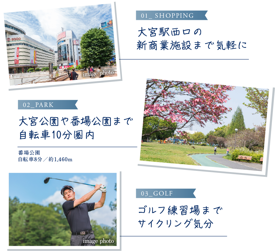 01_ Shopping 大宮駅西口の新商業施設まで気軽に 02_PARK 大宮公園や番場公園まで自転車10分圏内 03_GOLF ゴルフ練習場までサイクリング気分