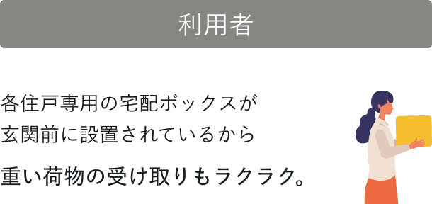 利用者 各住戸専用の宅配ボックスが玄関前に設置されているから 重い荷物の受け取りもラクラク。