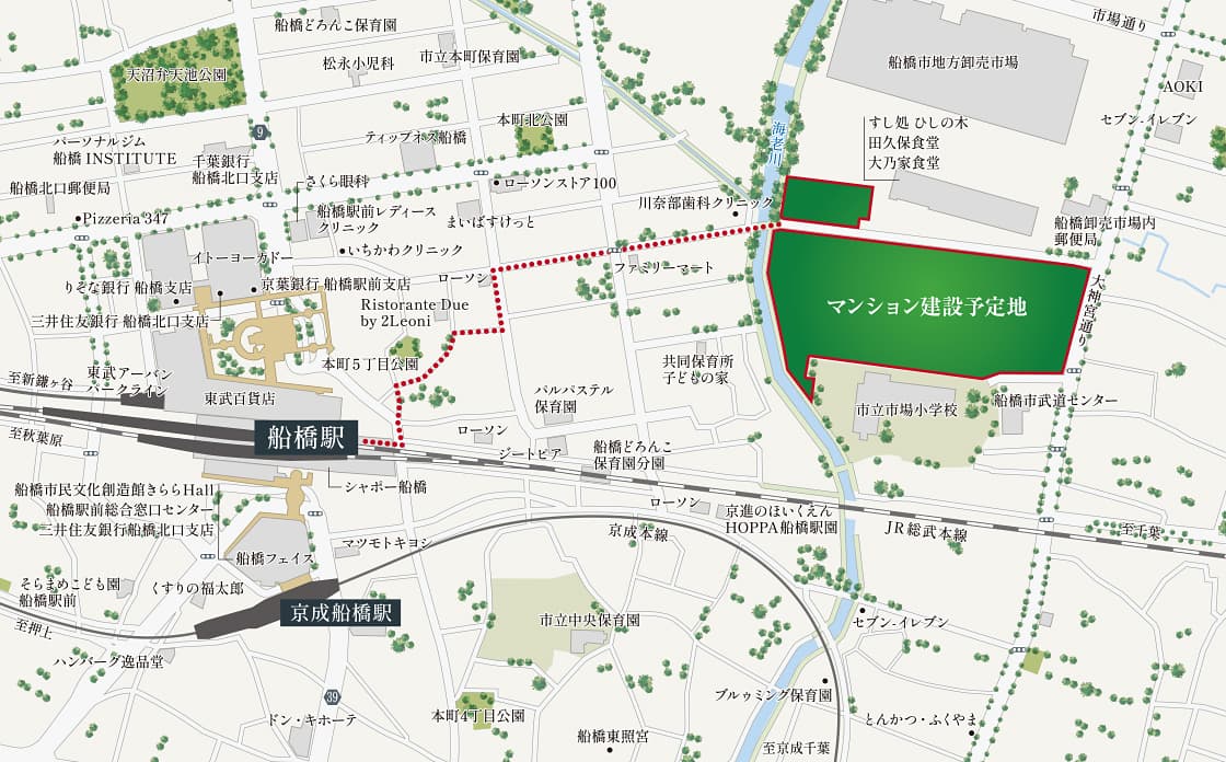 駅からエリアの間には商店街やコンビニエンスストア、大手スーパーマーケットも位置しているので、とても便利。